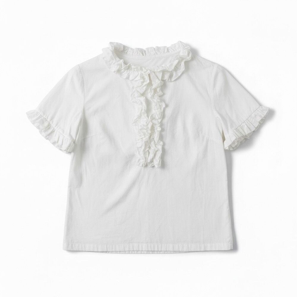 Elizabeth Wilson Designs Ruffle Neck Blouse Size Medium White Short Sleeve Prepp